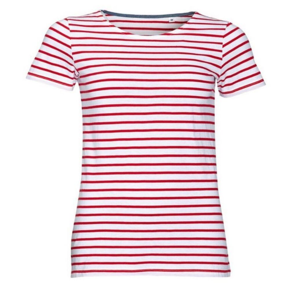 SOLS Womens/Ladies Miles Striped Short Sleeve T-Shirt / White/Red